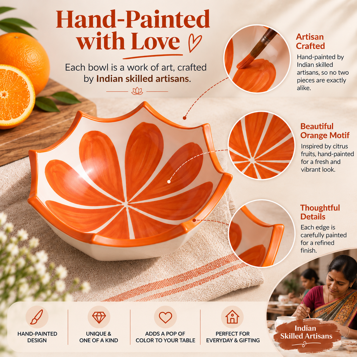 Ceramic Umbrella Shaped Snack Bowl (350ml) – Orange Design Salad & Maggi Serving Bowl