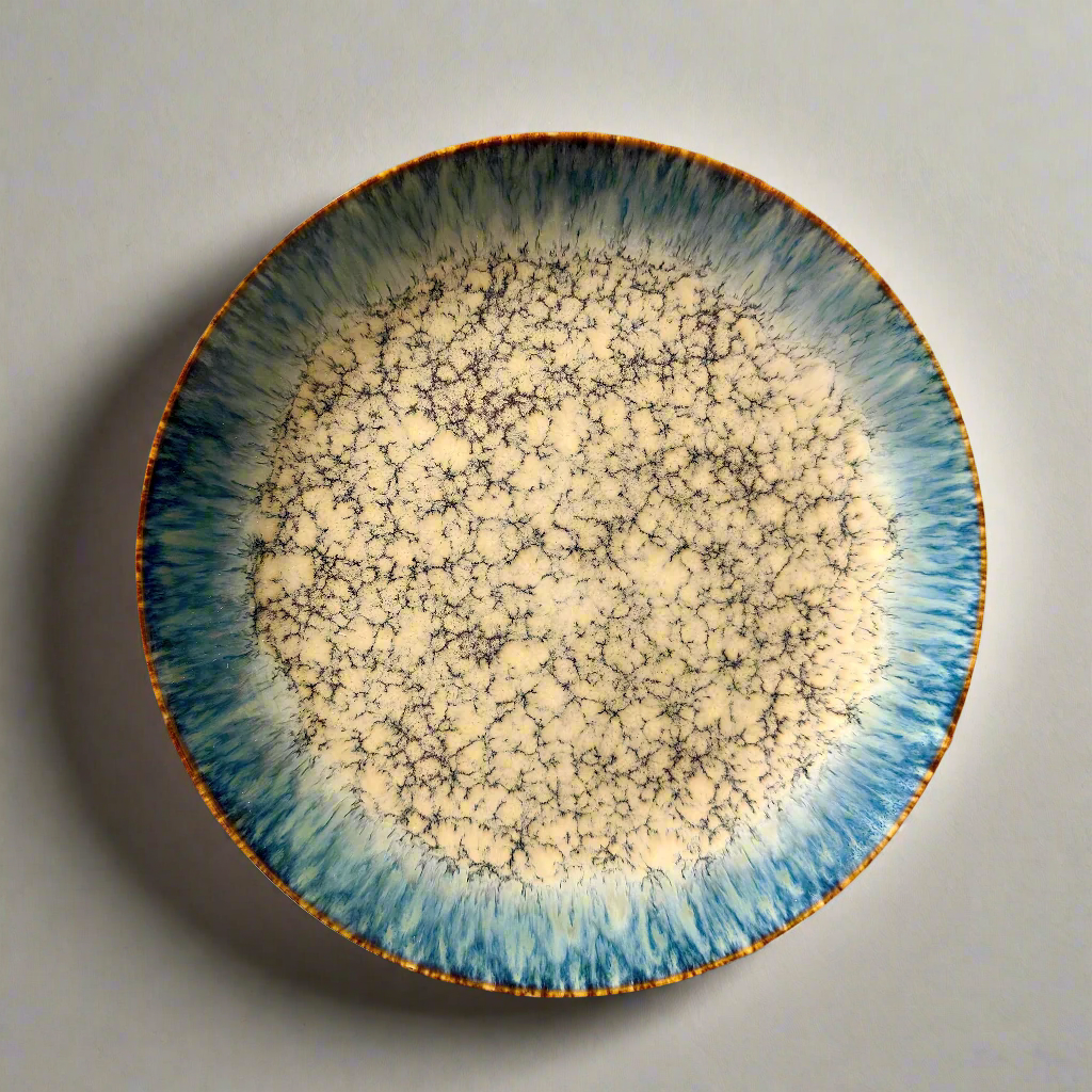 Ceramic plate with blue and gold rim on a gray background