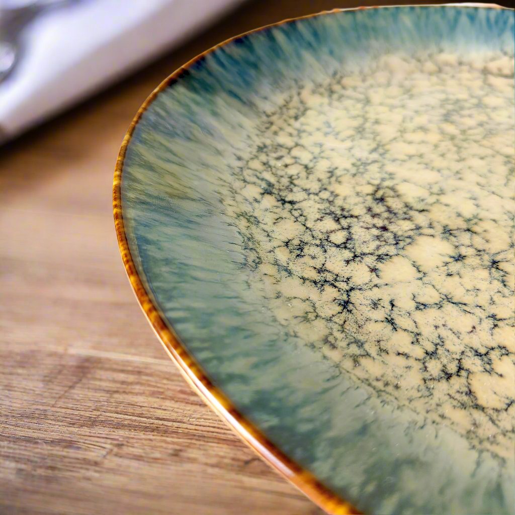 Close-up of a ceramic plate with a textured surface on a wooden table