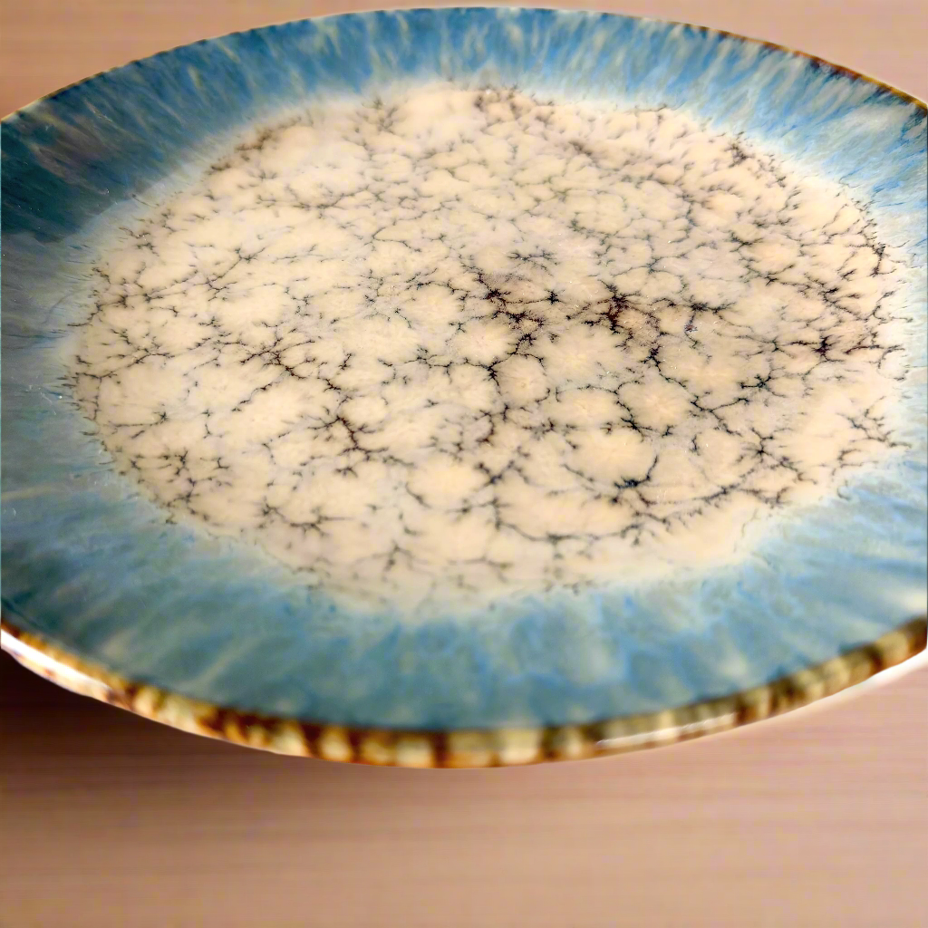 Ceramic plate with blue and white marbled design on a beige background