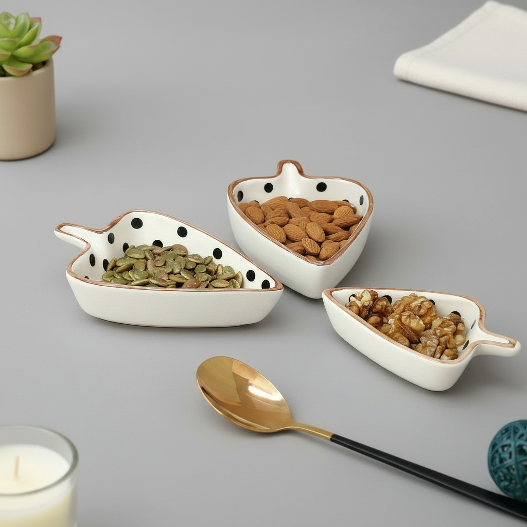 Three leaf-shaped ceramic bowls with different types of nuts on a gray surface, accompanied by a gold spoon.