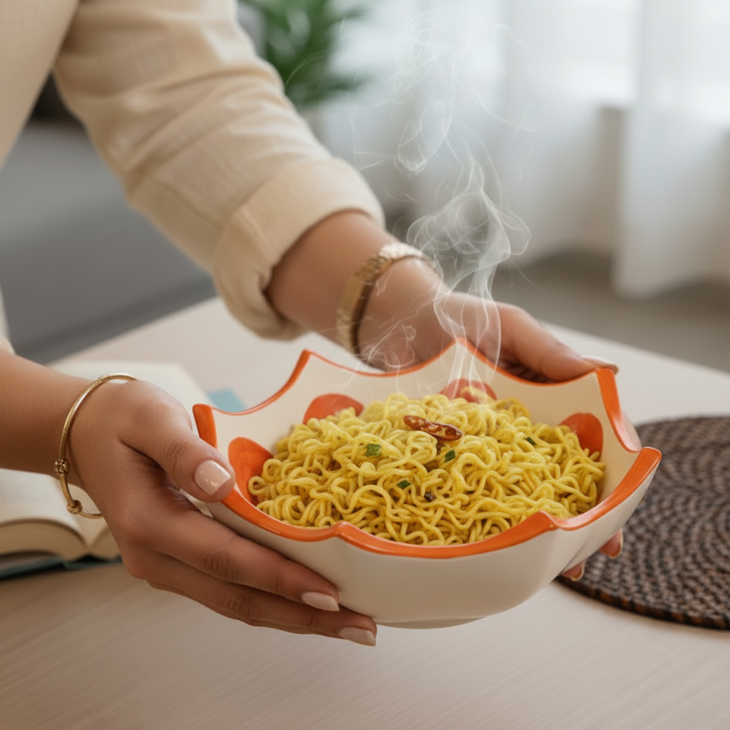 Ceramic Umbrella Shaped Snack Bowl (350ml) – Orange Design Noodle & Maggi Serving Bowl