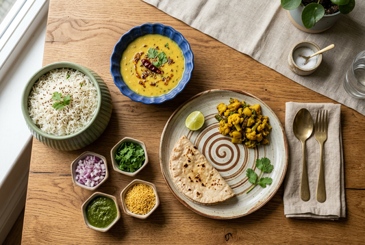 Ceramic bowls of rice and dal beside a spiral plate with roti and sabzi, with chaat toppings on a wooden table.
