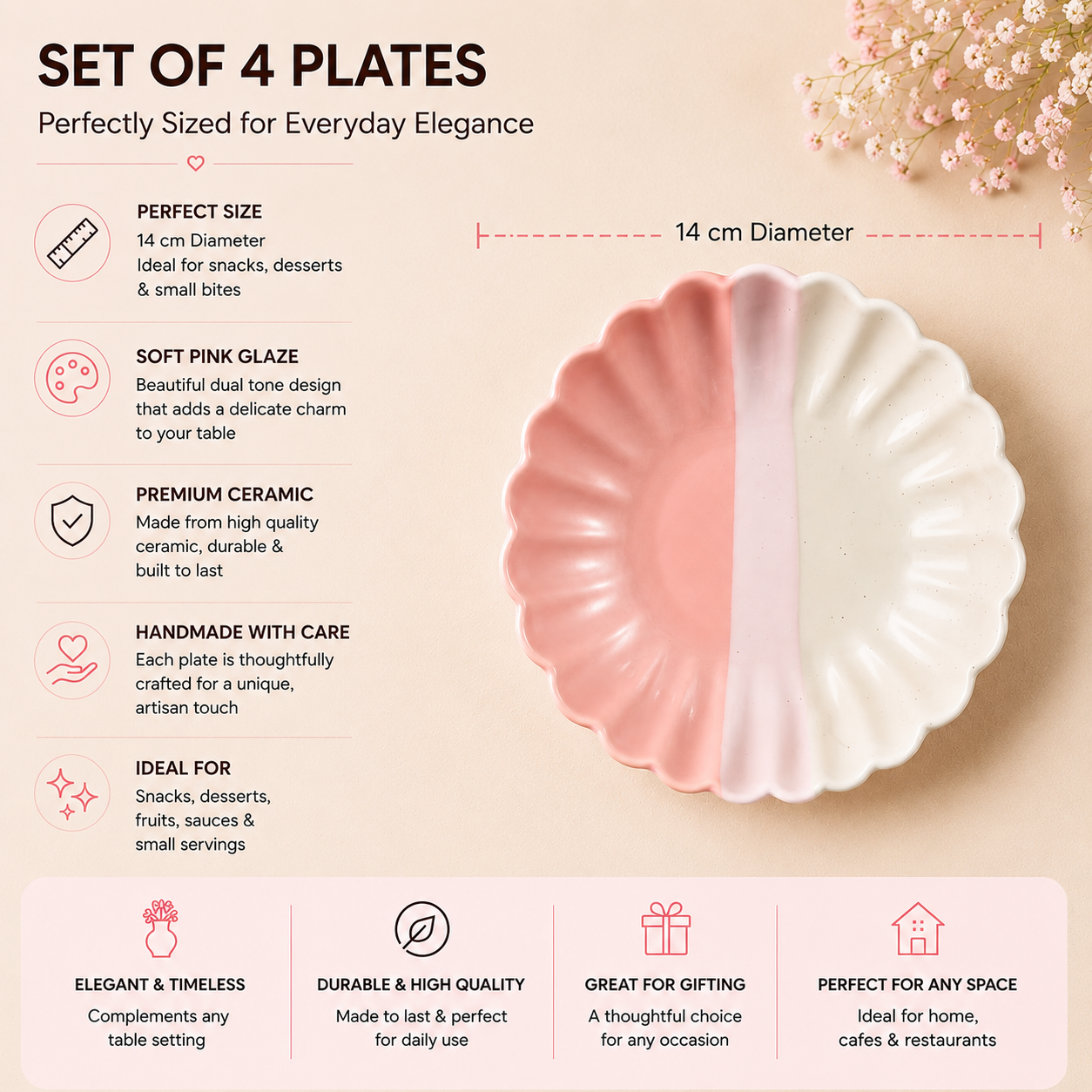 Ceramic Snack Plates Set of 4 (5.5 Inch) | PInk Petal Design Small Plate for Snacks & Serving