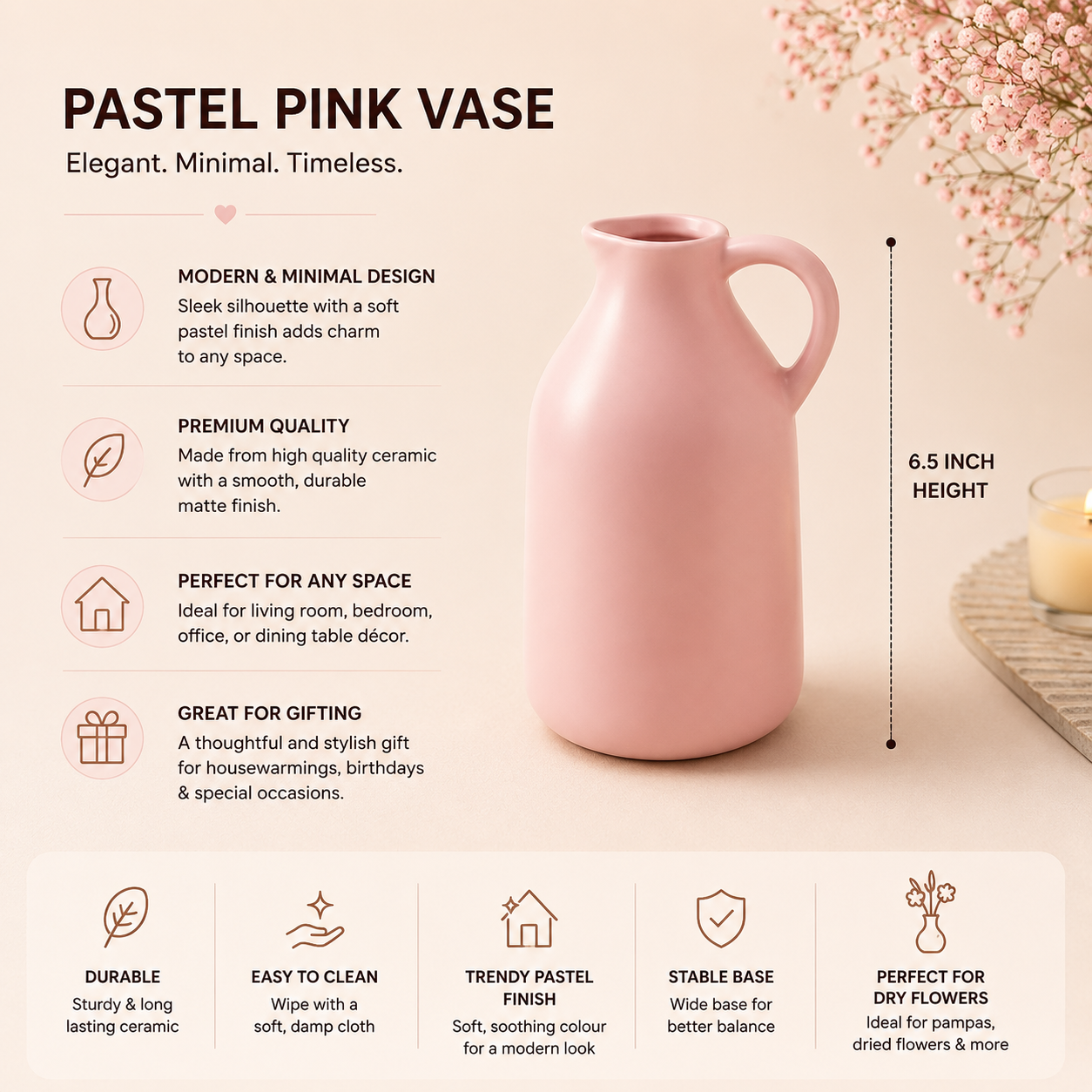 Kettle Pastel Pink Flower Vase 6.5 inch
