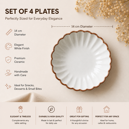 White Petal Ceramic Snacks Plates Set of 4 (5.5 Inch Each)