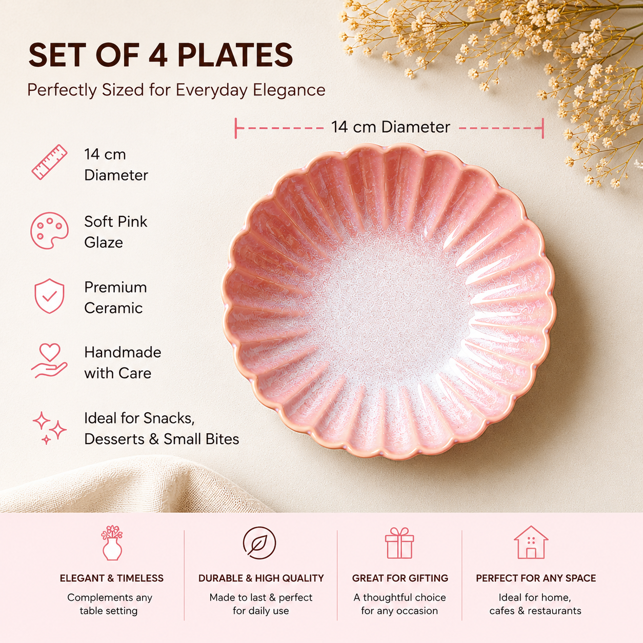 Pink Petal Ceramic Snacks Plates Set of 4 (5.5 Inch Each)