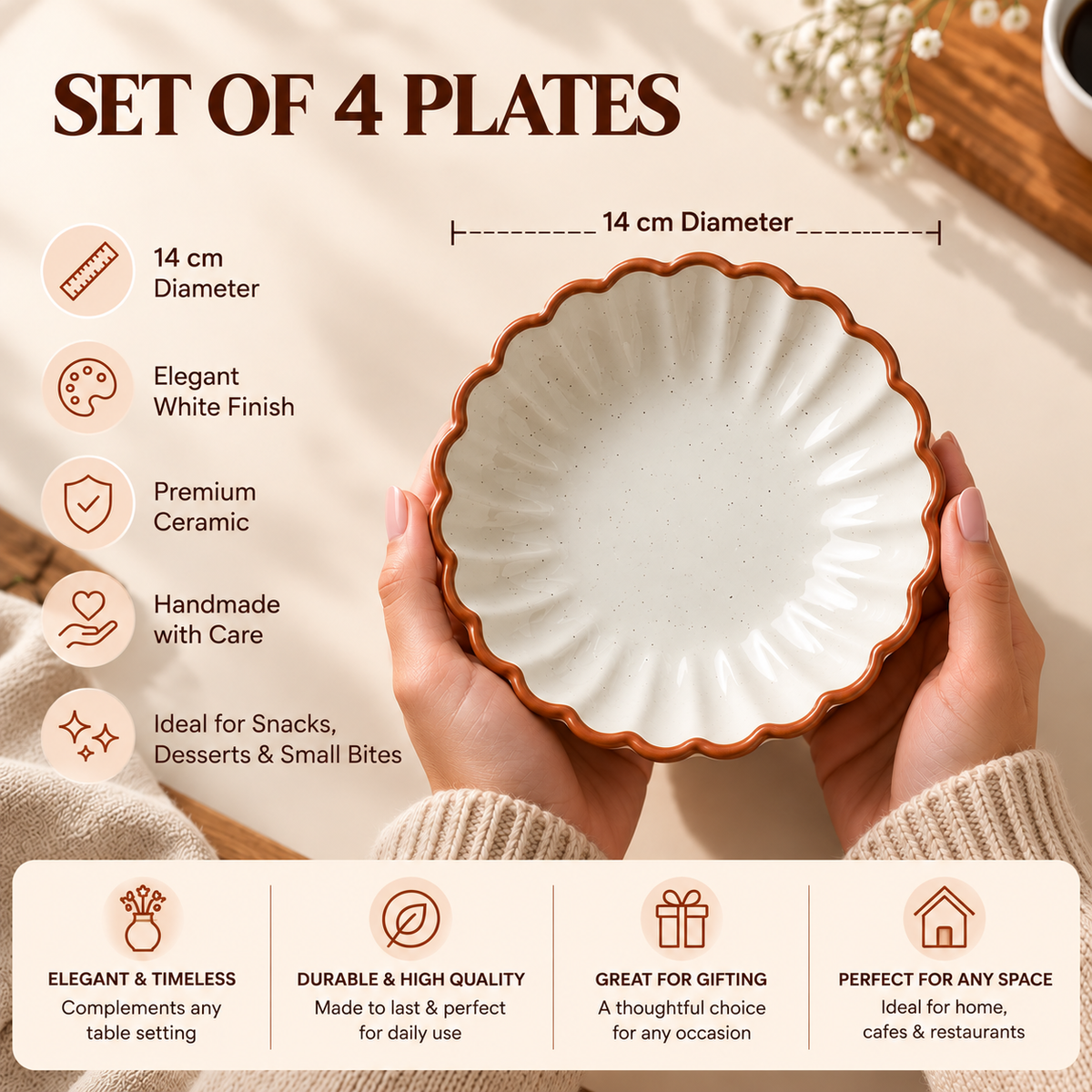Ceramic Dessert Plates Set of 4 (5.5 Inch) | White Petal Design Small Plate for Snacks & Serving