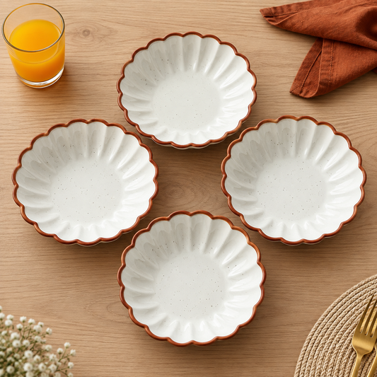 Ceramic Dessert Plates Set of 4 (5.5 Inch) | White Petal Design Small Plate for Snacks & Serving