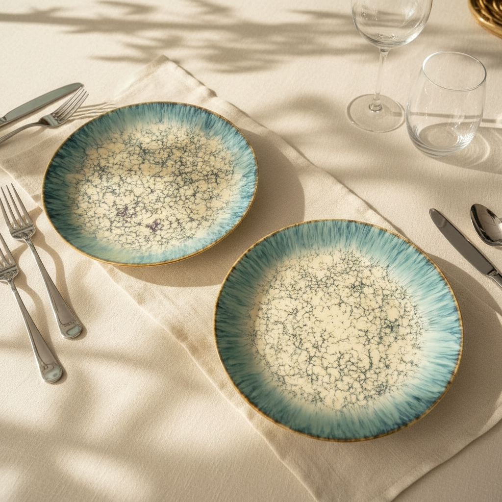 Two ceramic plates with a blue and white pattern on a table setting with cutlery and glasses.
