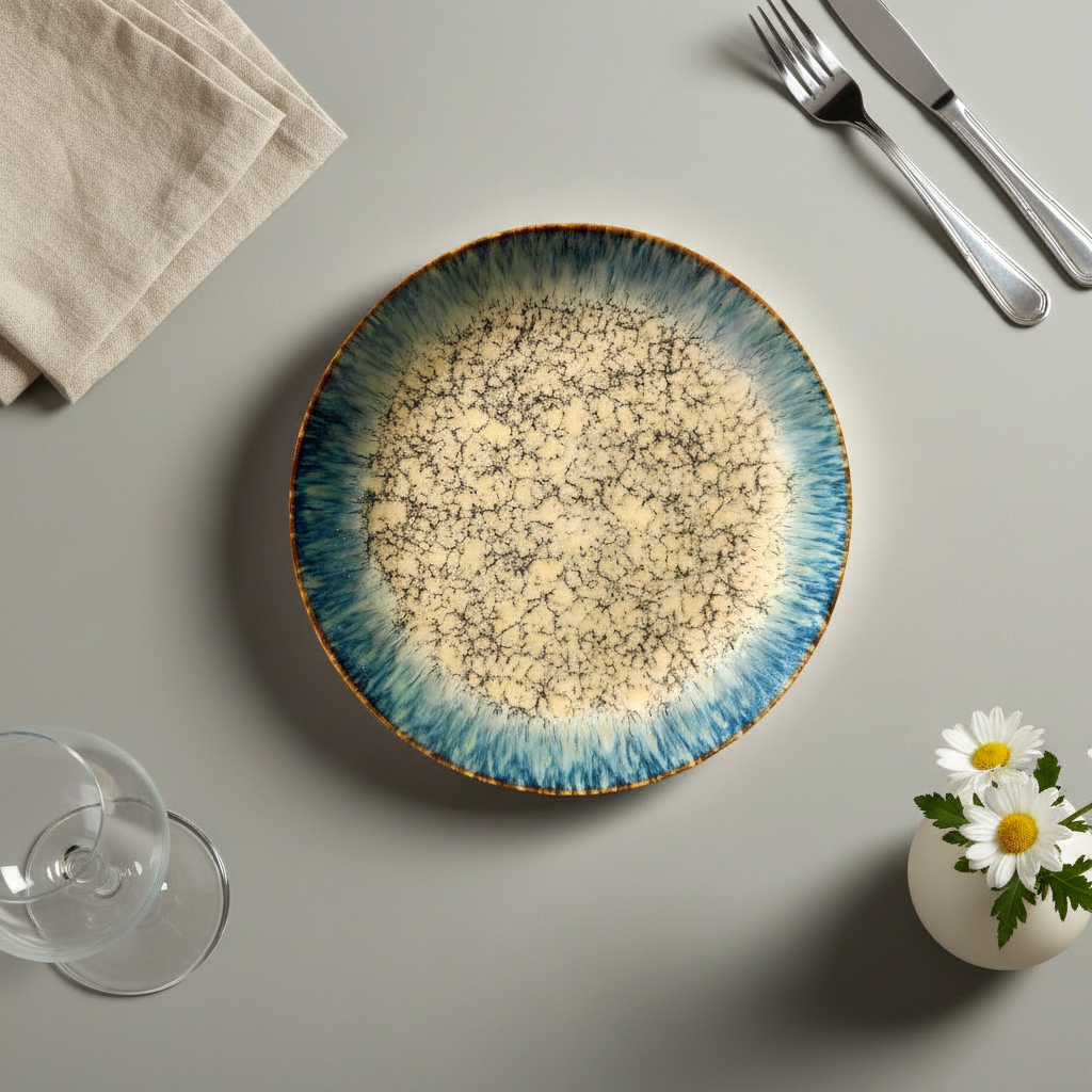 Decorative ceramic plate with blue and beige design on a gray surface with cutlery and a glass.