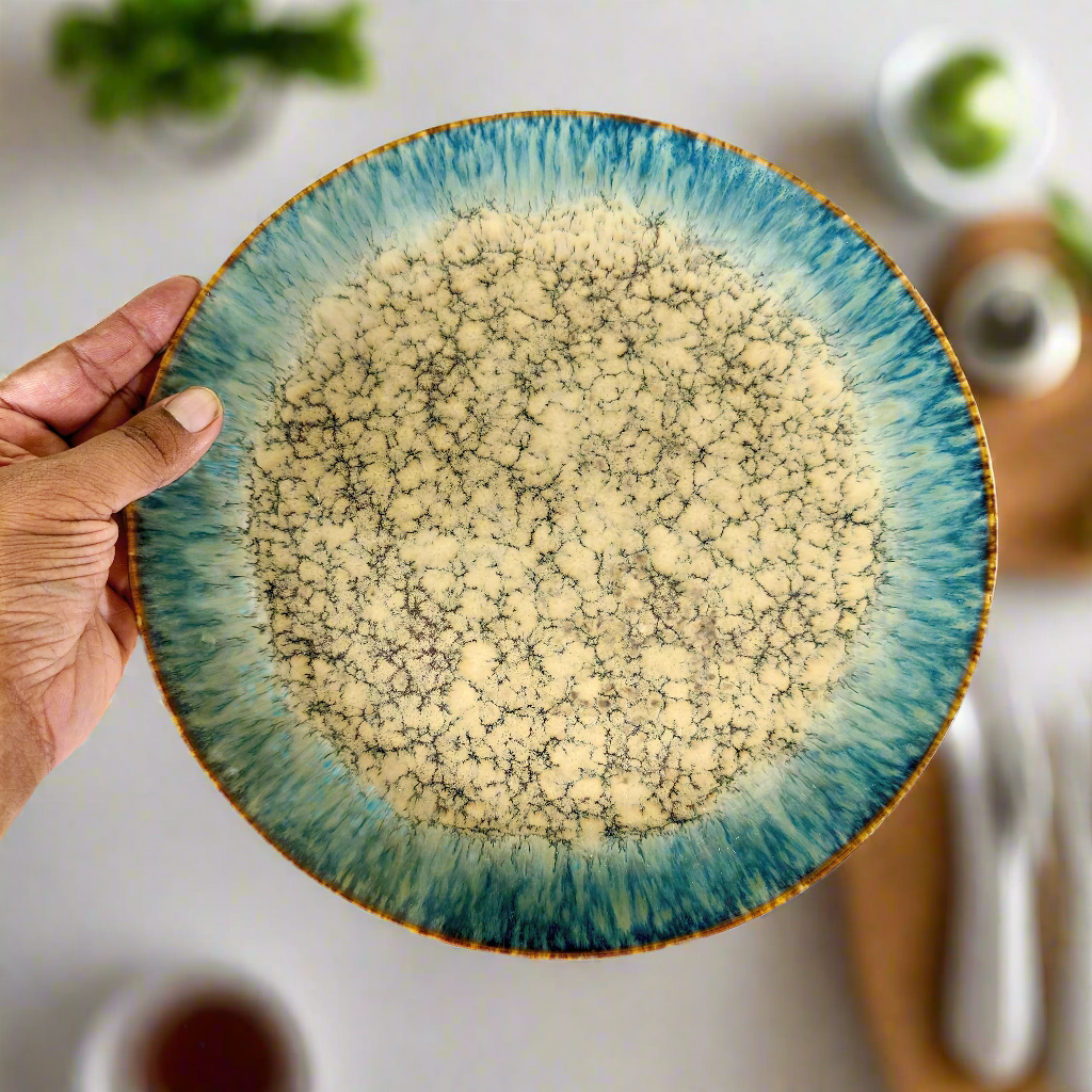 Hand holding a ceramic plate with textured white substance on a blurred background