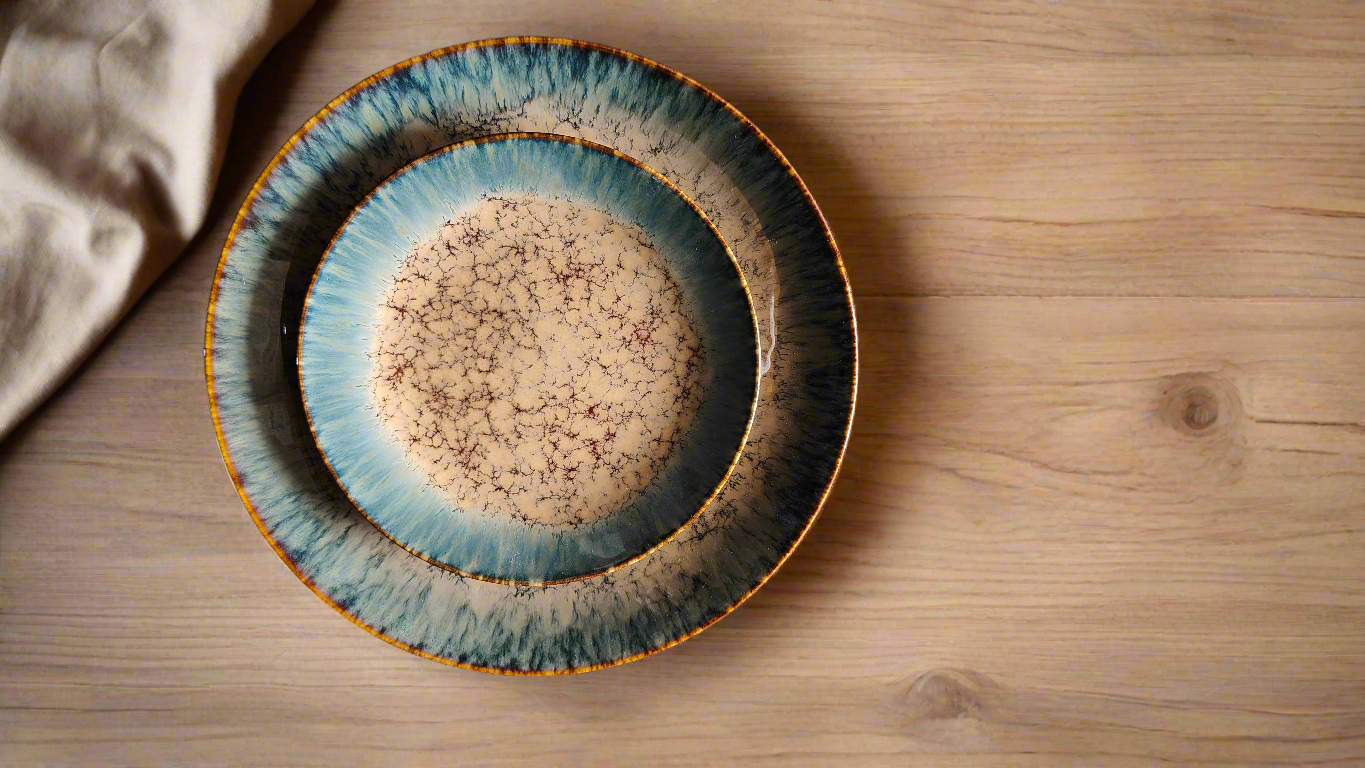 Decorative plate with a textured surface on a wooden surface