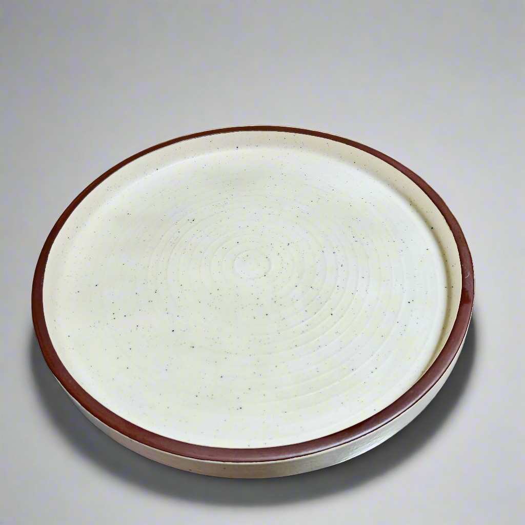 White ceramic plate with brown rim on a light gray background