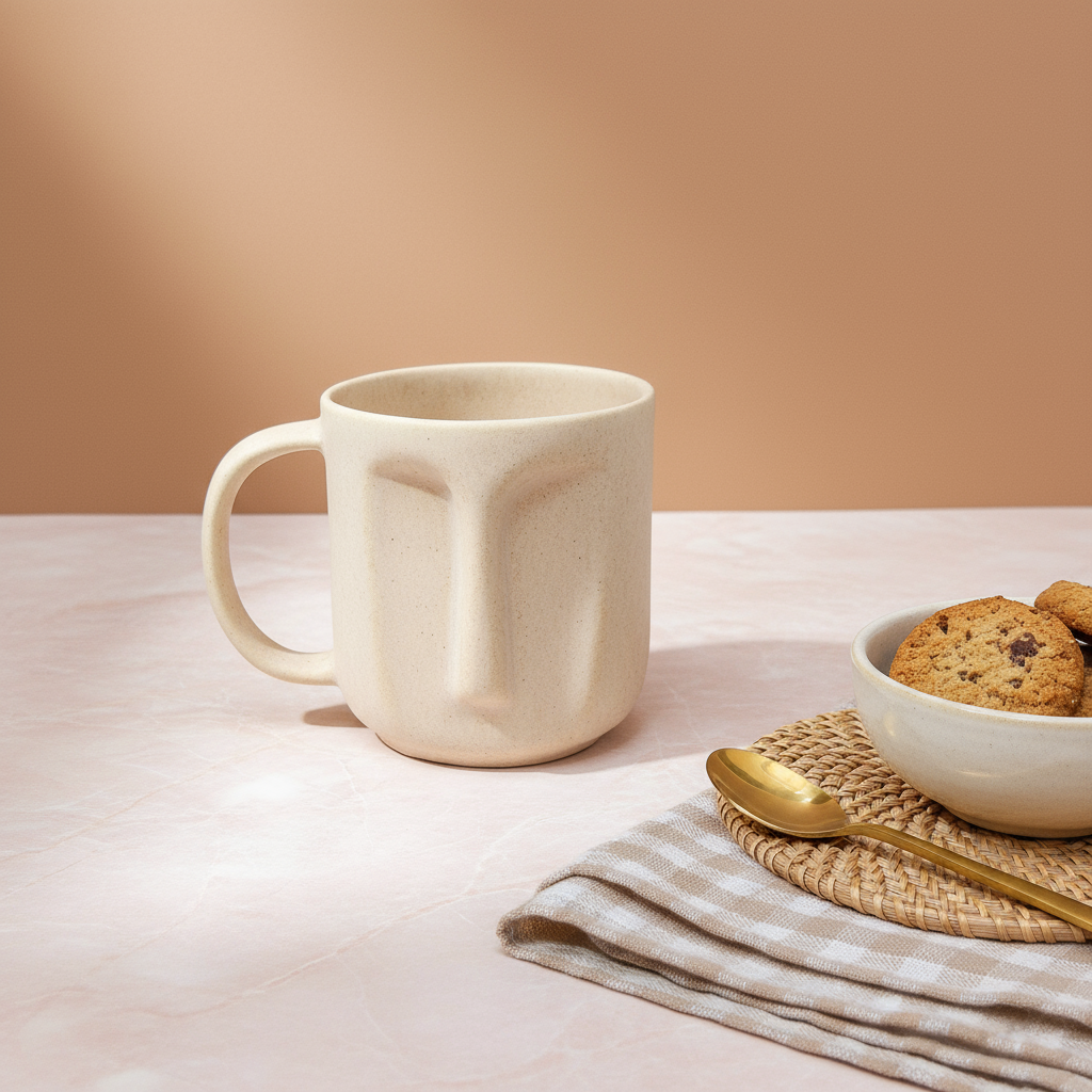 Beige mug on a light surface with a bowl of cookies and a gold spoon.