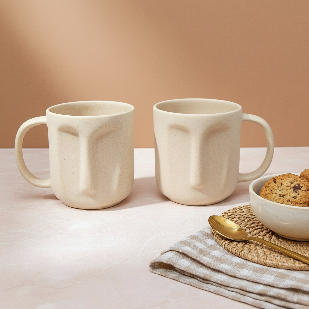 Two face-shaped mugs on a table with a bowl of cookies and a spoon.
