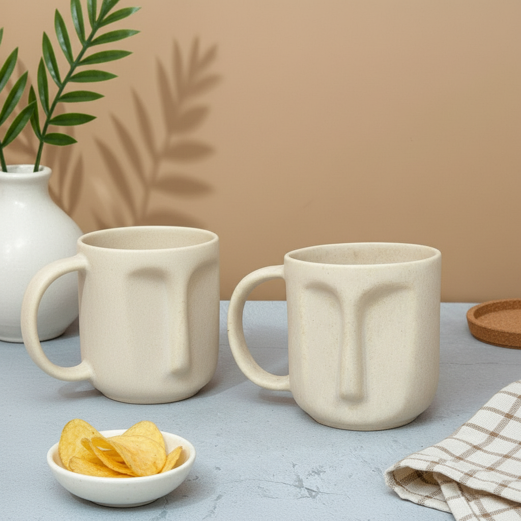Two beige ceramic mugs on a table with a bowl of chips and a plant in the background.