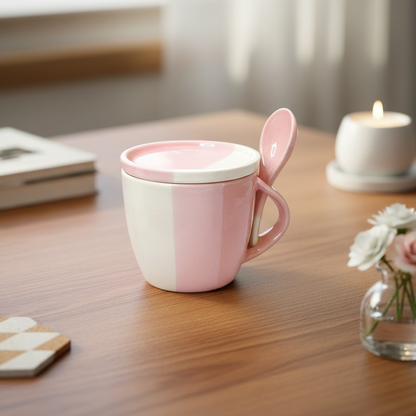 Pink mug with a lid on a wooden table with a candle and flowers in the background