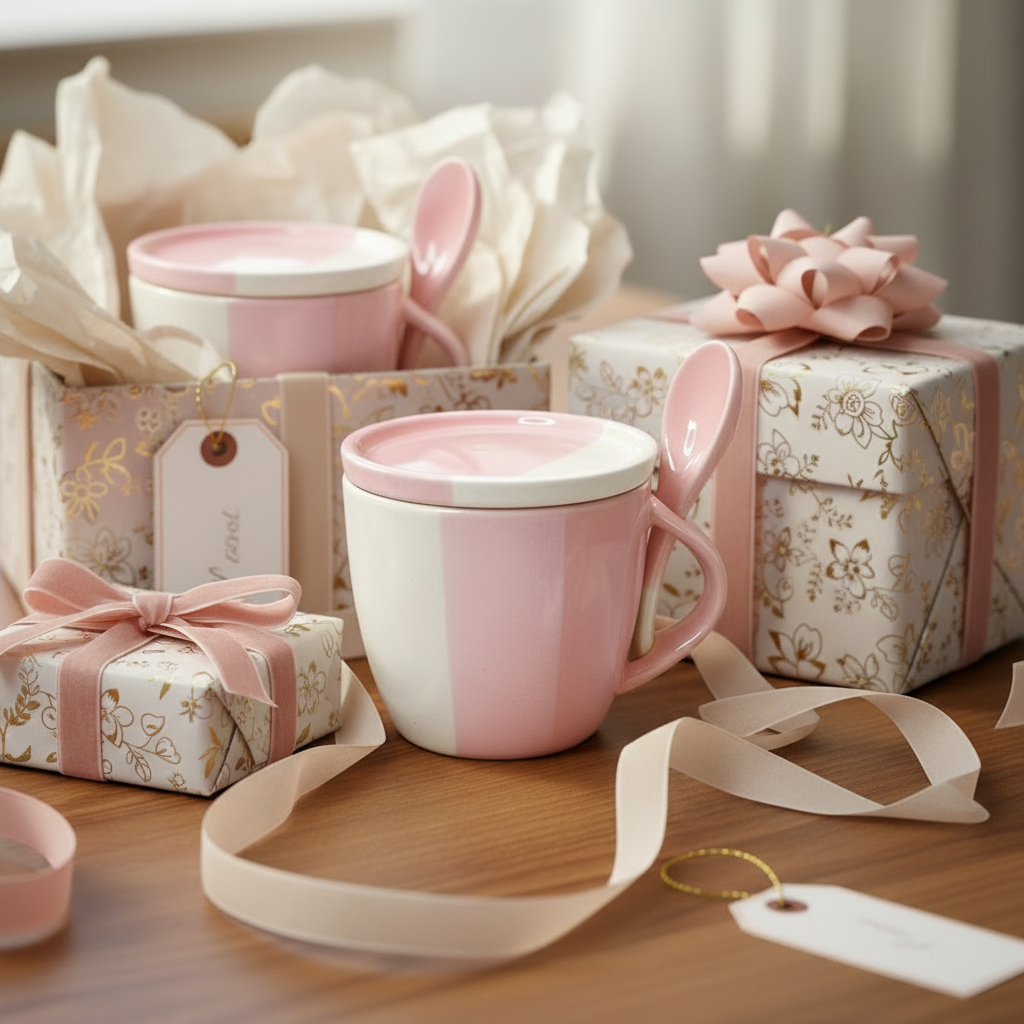 Pink mug with lid on a wooden surface surrounded by gift boxes and ribbons