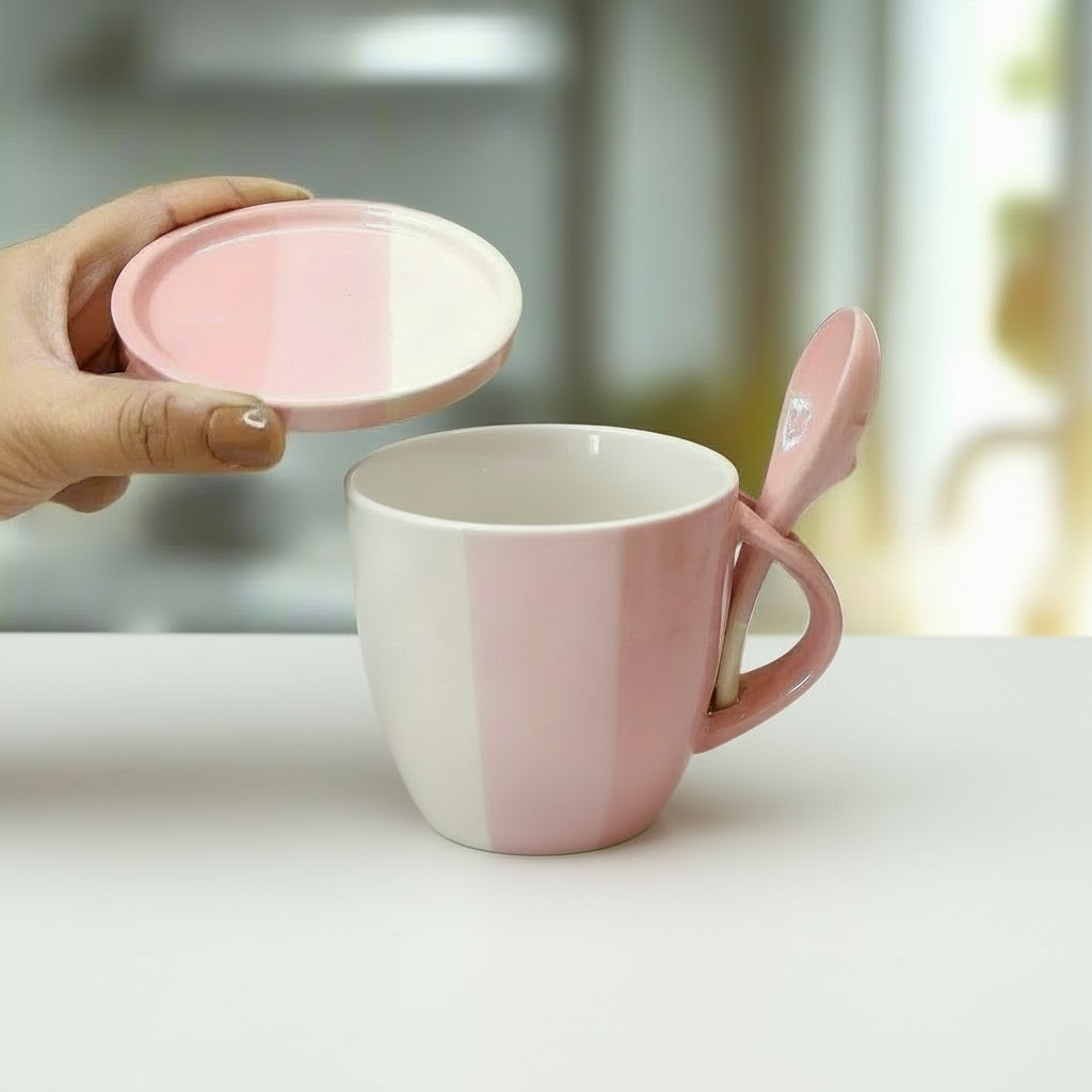Pink mug with matching spoon and lid held by a hand on a white surface.