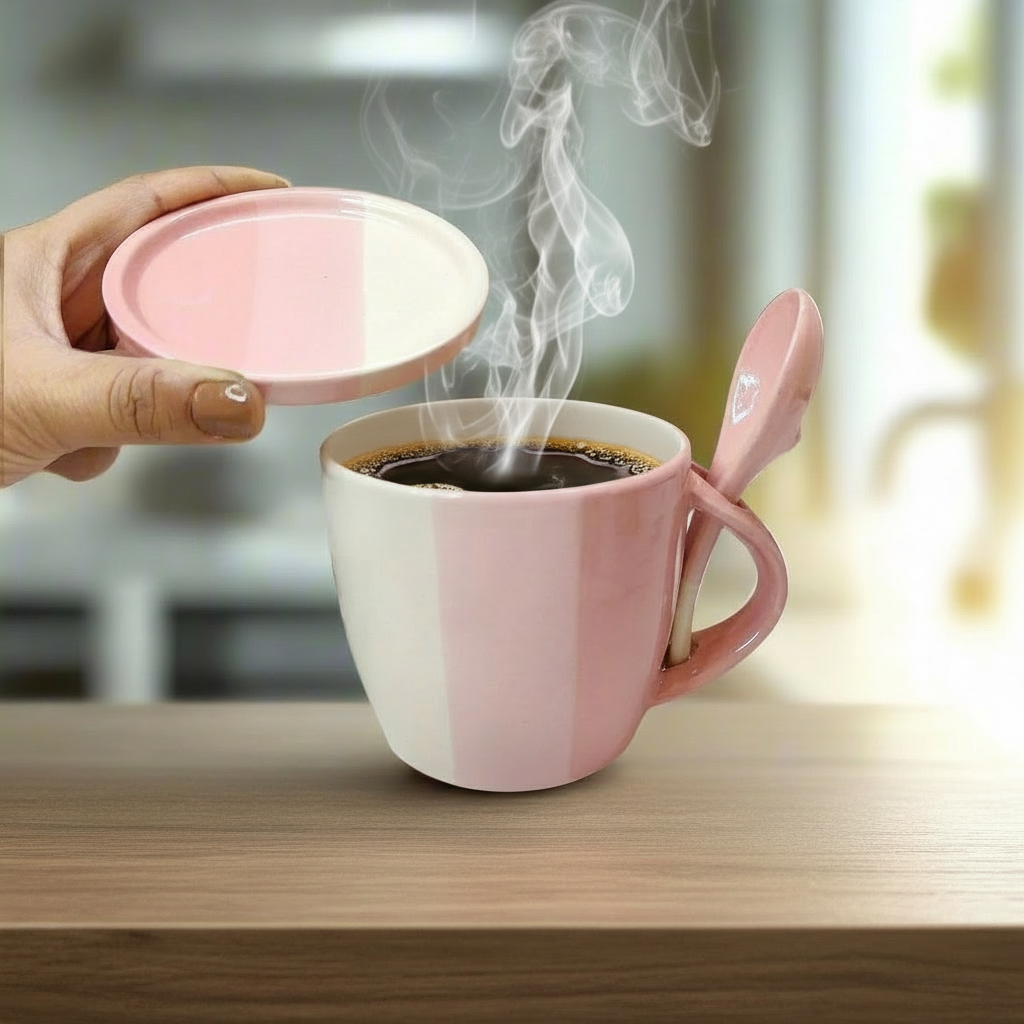 Pink mug with steam rising from it on a wooden surface