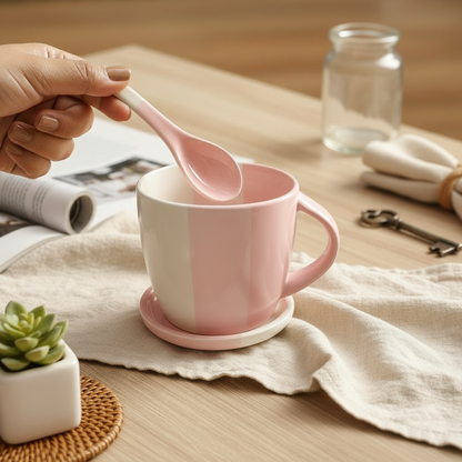 Pink mug with a matching spoon on a wooden table, surrounded by a plant and keys.