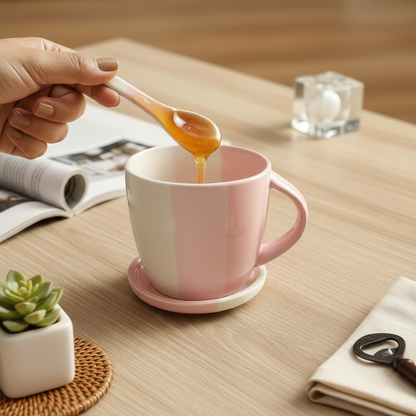 Person adding honey to a pink mug on a wooden table.