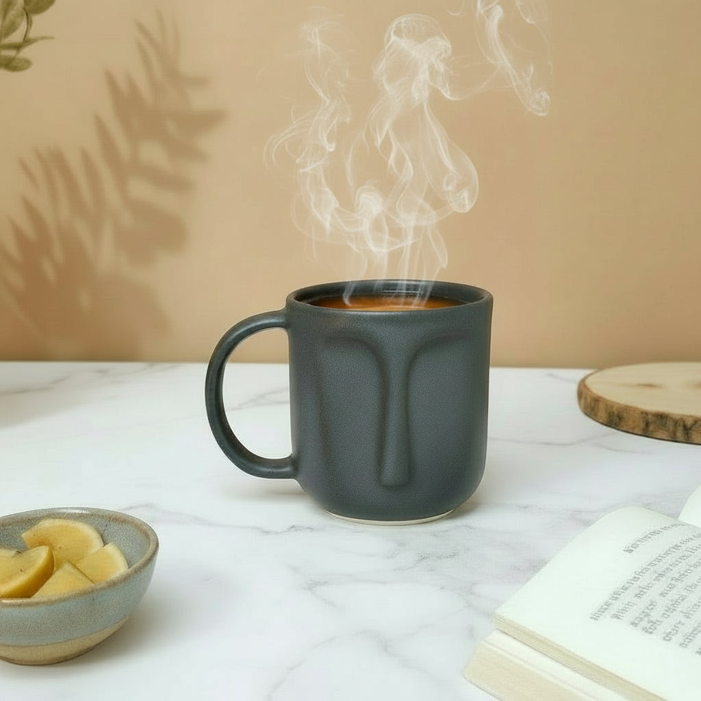 Dark gray mug on a light blue surface with an open book and bowl of chips.