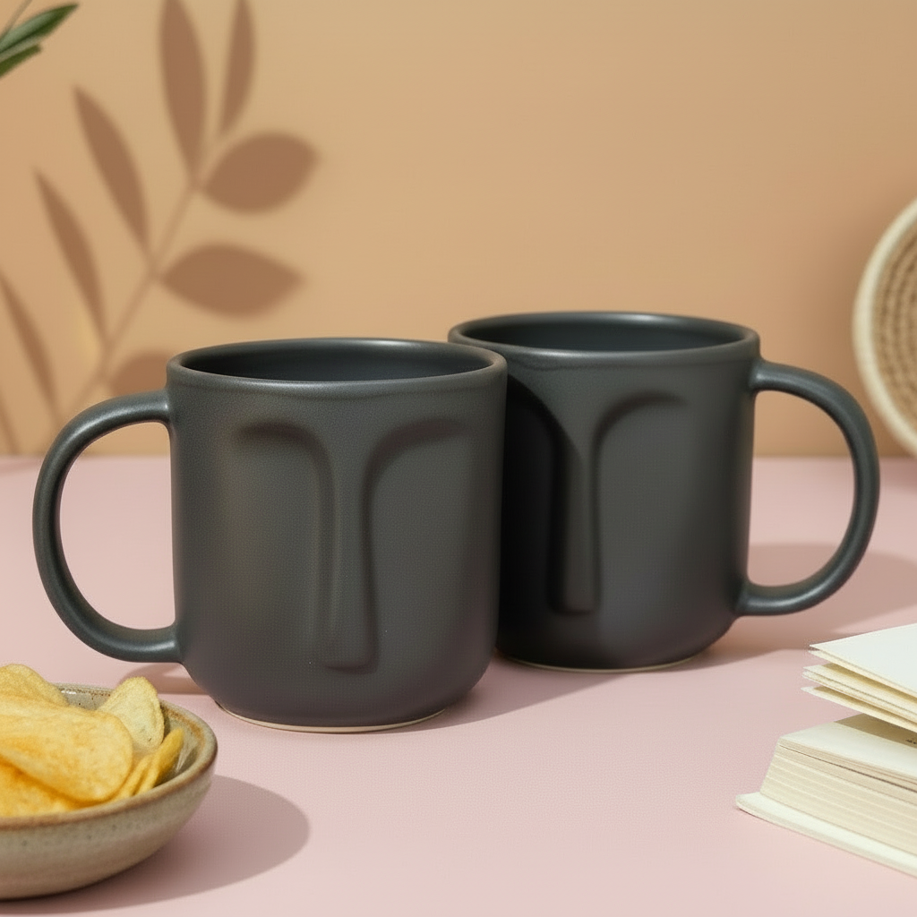 Two dark gray mugs on a wooden surface with a bowl of chips and a book in the background.