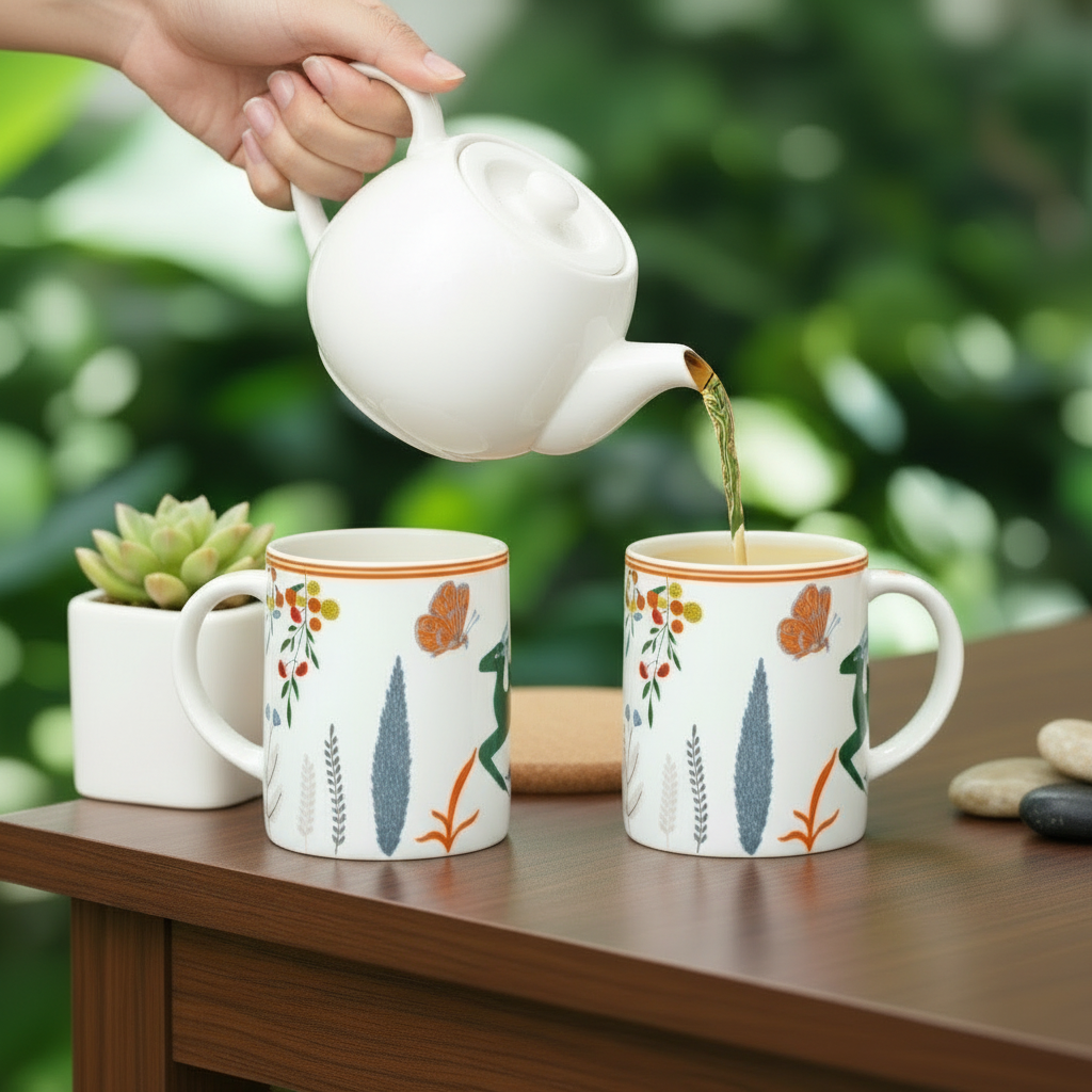 Teapot pouring tea into two mugs with floral designs on a wooden table with a green blurred background.