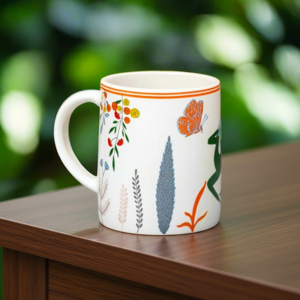 Hand holding a mug with floral and butterfly design on a wooden surface with a blurred green background