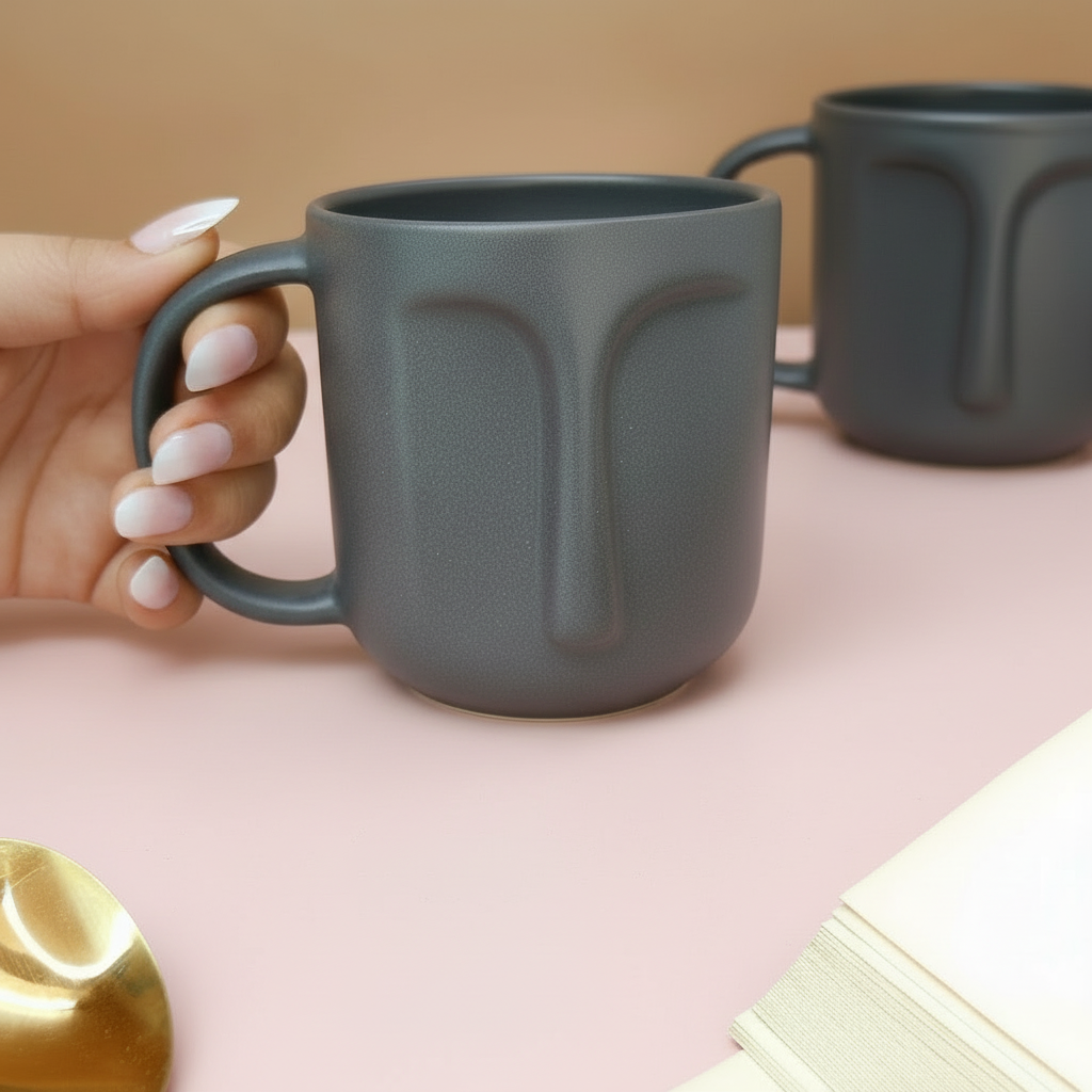 Person holding a dark gray mug with another mug and gold spoon on a pink surface