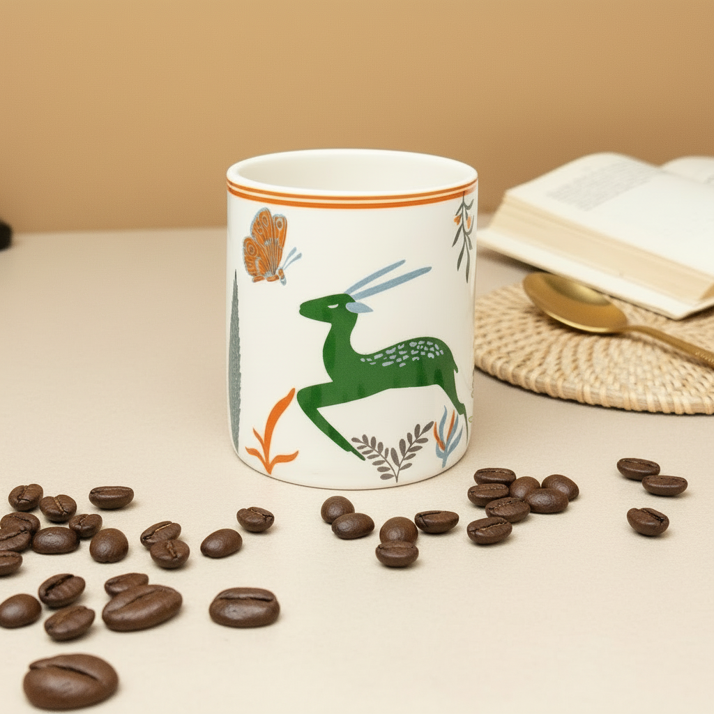 Decorative mug with animal design on a wooden table with coffee beans
