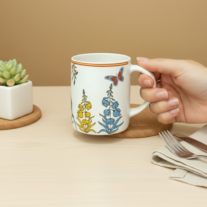 Decorative mug with floral designs on a wooden surface with coffee beans and an open book.