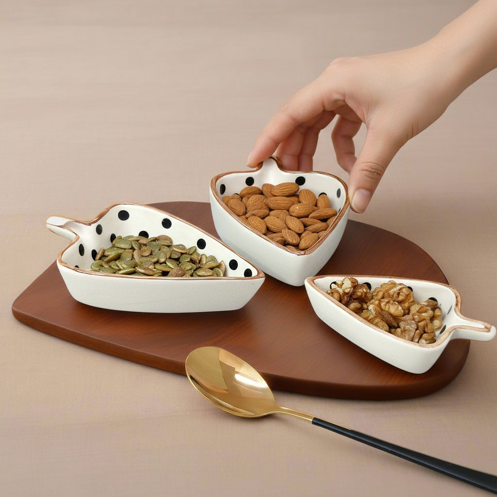 Three white ceramic bowls with black dots on a brown tray, containing nuts and seeds, with a hand reaching for one of the bowls.