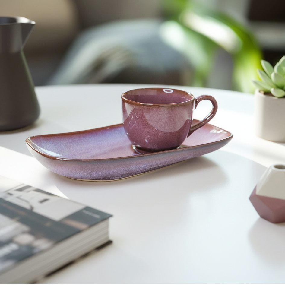 Pink ceramic cup and saucer on a white surface with a blurred background
