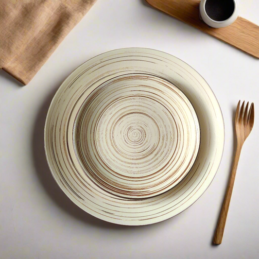 Round woven plate on a light surface with a fork and cup in the background