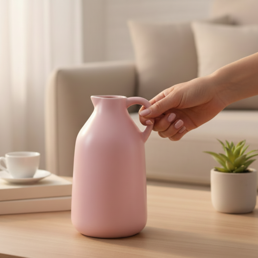 Person holding a pink ceramic jug in a living room setting with a candle and books on a table.