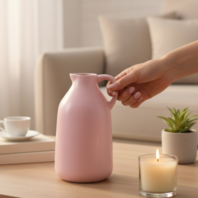 Person holding a pink ceramic jug in a living room setting with a candle and books on a table.