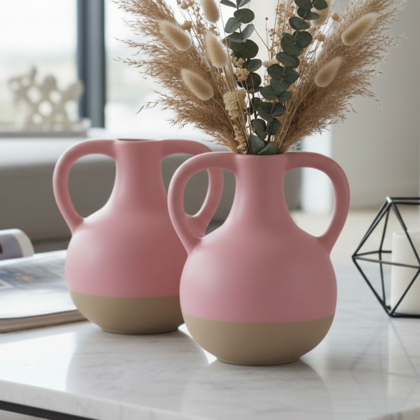 Two pink vases with beige bases on a marble surface, one containing dried plants.