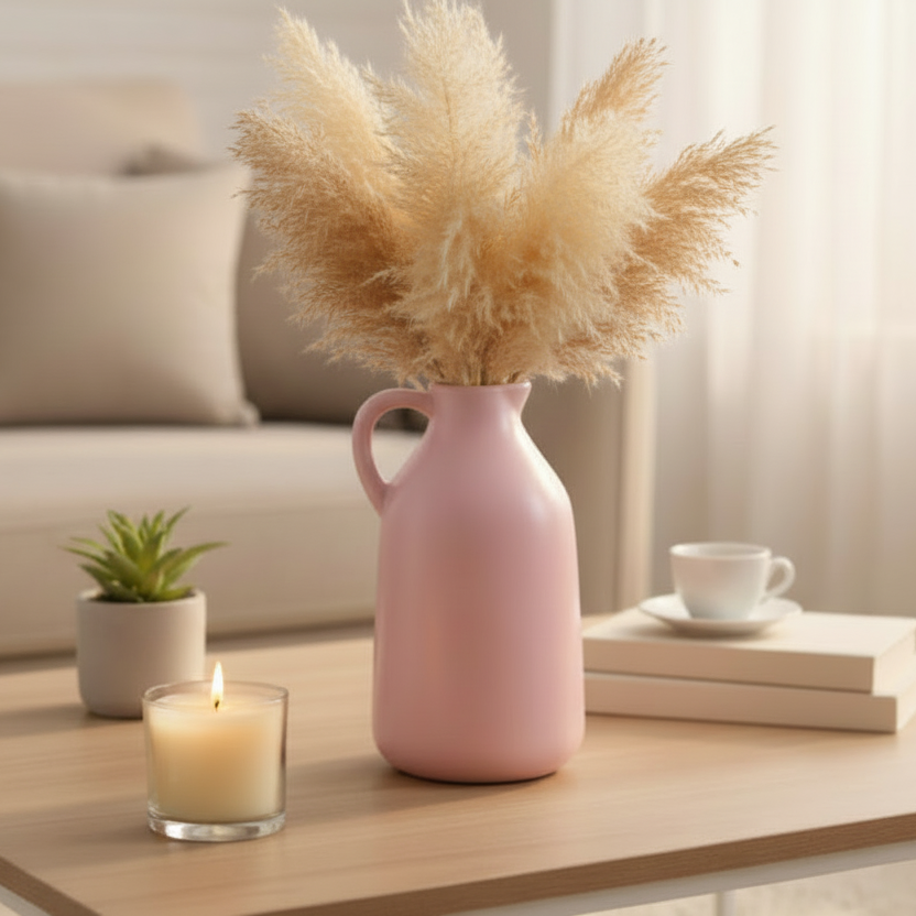 Pink vase with dried pampas grass on a coffee table in a living room.