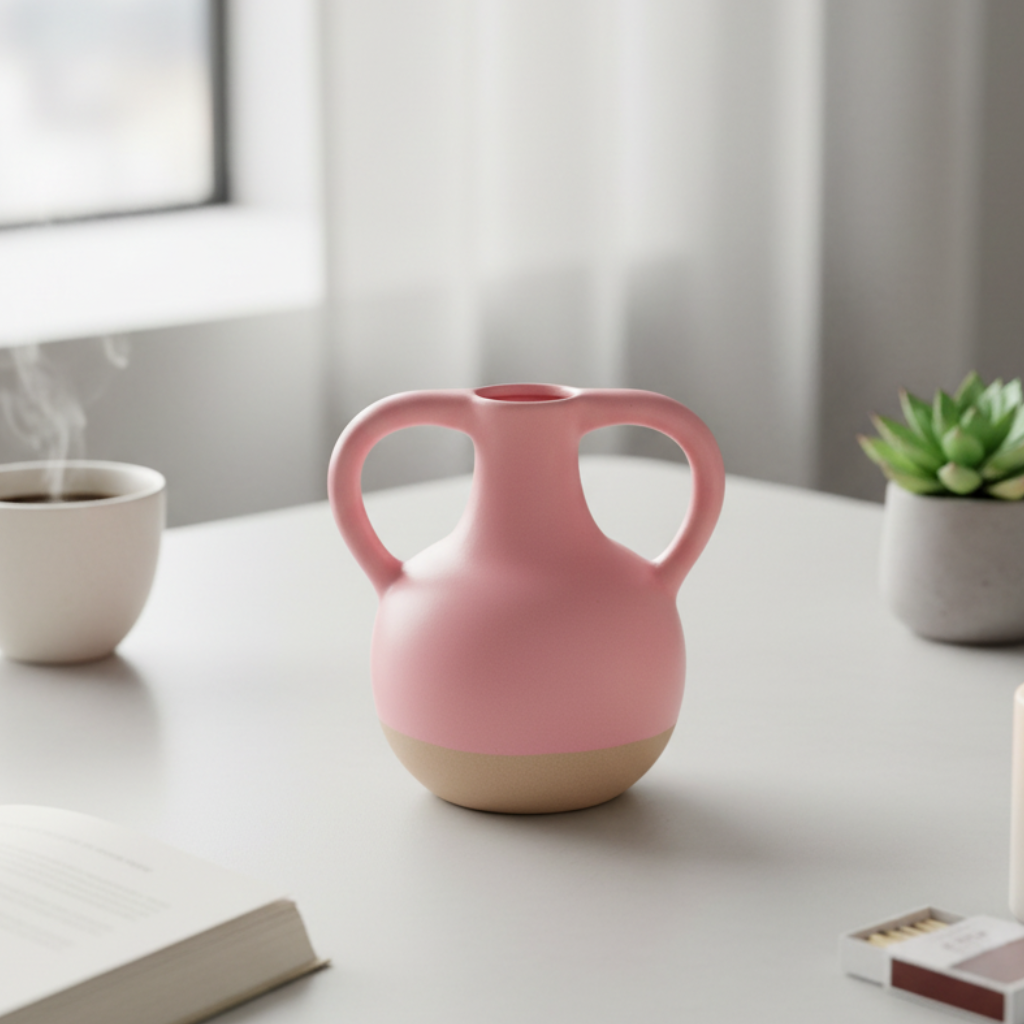 Pink ceramic vase on a desk with a plant and books in the background